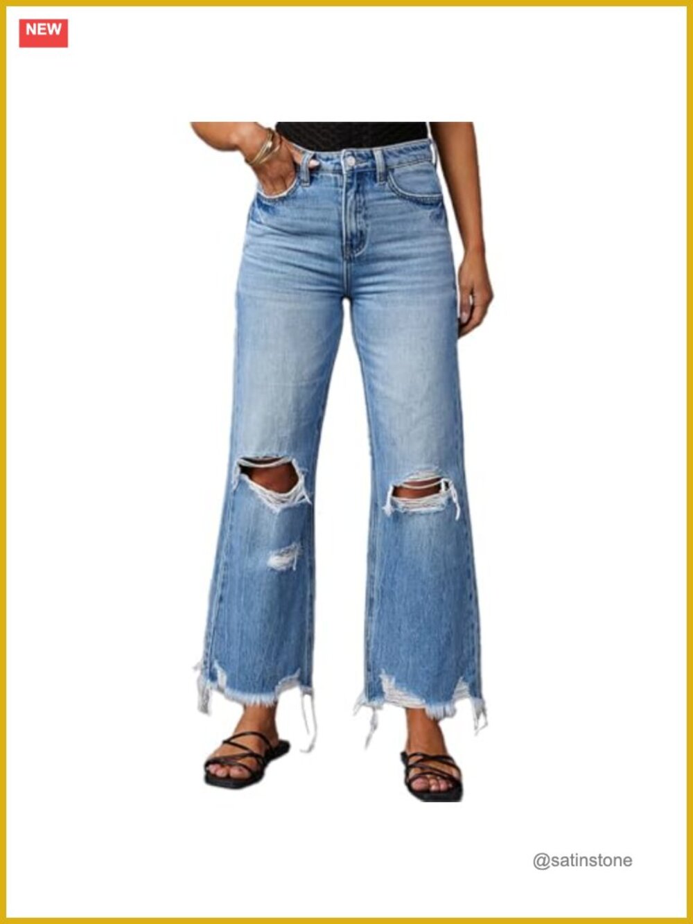High-Rise Wide Leg Ripped Bell Bottom Jeans Distressed Raw Hem Boyfriend Denim